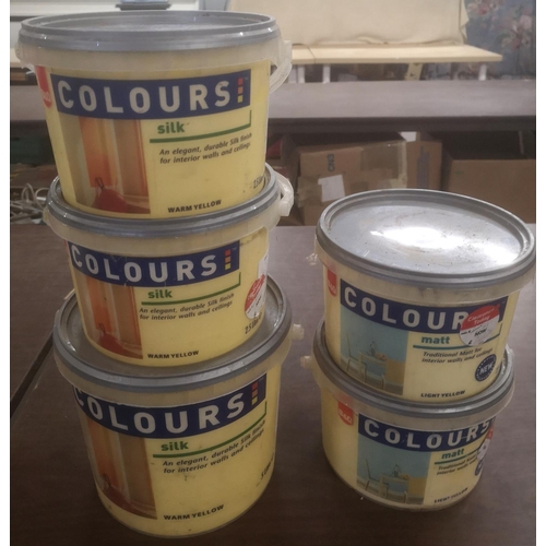 37 - 1 x 5 and 2 x 2.5 ltr warm yellow silk & 2 x 2.5 ltr light yellow matt B&Q Colours paint