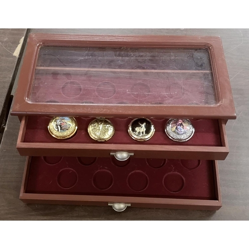 66 - 3 drawer coin display cabinet with 4 x pocket watches