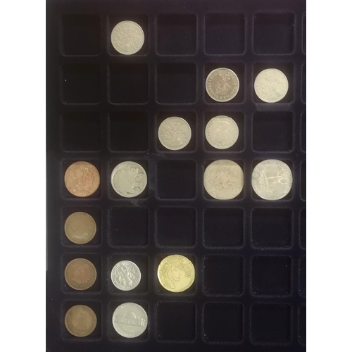 8 - 41 x 25 x 10 cm metal coin case with 4 x levels of assorted coins and commemorative crowns