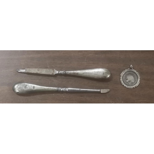 10 - Hallmarked silver nail file and push stick & hallmarked silver medallion