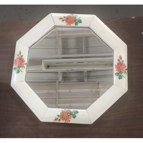 6 - 38 x 38 cm vintage painted wooden framed octagonal wall mirror with rose decoration