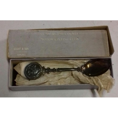 519 - VS Birmingham hallmarked silver presentation spoon in original box - Cumberland County motor cycling... 