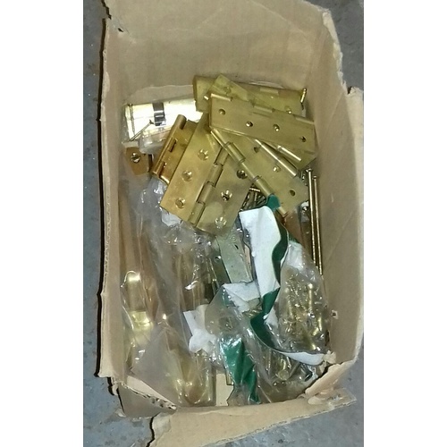 332 - Box of brass hinges, handle and lock etc