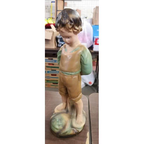 212 - 42 cm tall retro painted plaster boy looking at frog figure