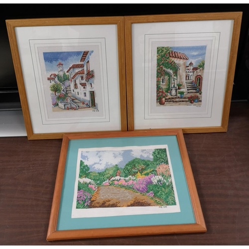 121 - Trio of 33.5 x 39.5 cm wooden framed and mounted needlework picture