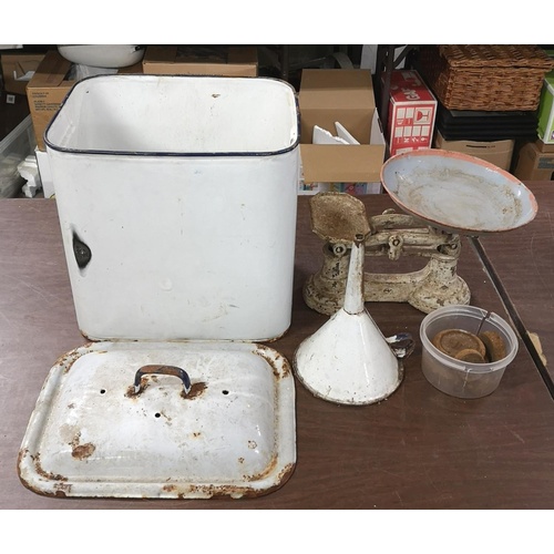 272 - Vintage enamel bread bin and funnel plus kitchen scales and metal weights