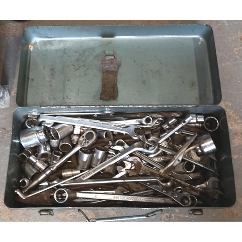 205 - Old metal tool box of assorted sockets and spanners etc