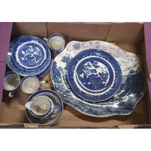 60 - Box of assorted blue and white table ware including old willow etc