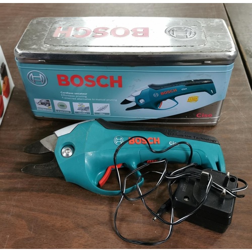 115 - Bosch Ciso cordless secateurs with charger in tin