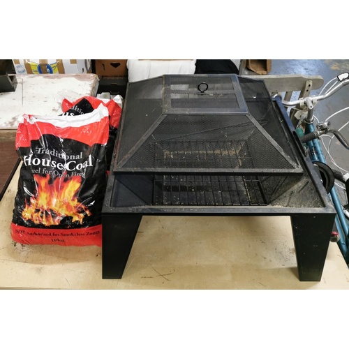 93 - Black metal fire pit and 2 x bags of coal