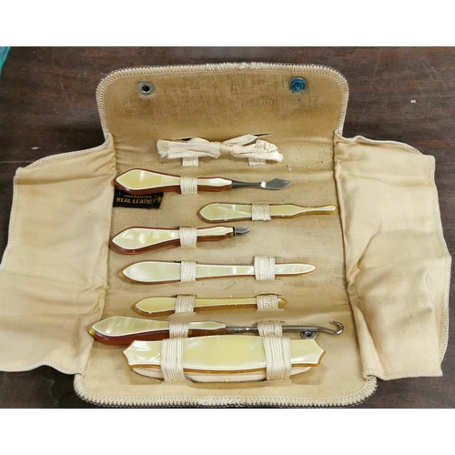116 - Vintage faux mother of pearl handle and back manicure set in leather purse