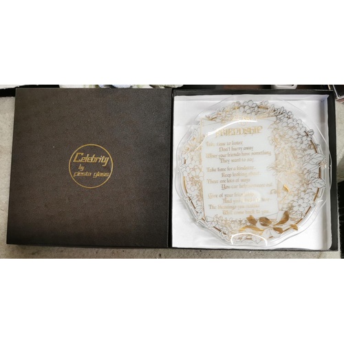 117 - Boxed approximately 25cm diameter Celebrity by Fiesta, glass plate with friendship verse and gilt bo... 