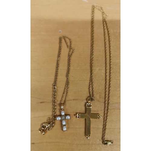 21 - 2 x gold-plated cross pendants with chains, 17