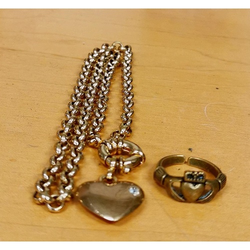 33 - Gold tone Heart pendant on 17 inch chain and unstamped yellow metal heart Claddagh ring