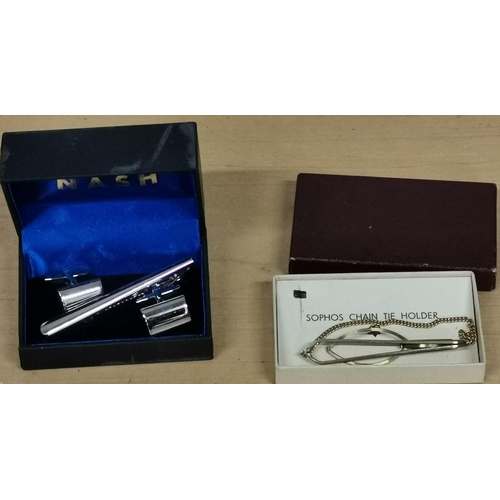 29 - Modern new Thomas Nash titanium cufflink and tie pin set & boxed vintage Sophos chain tie holder