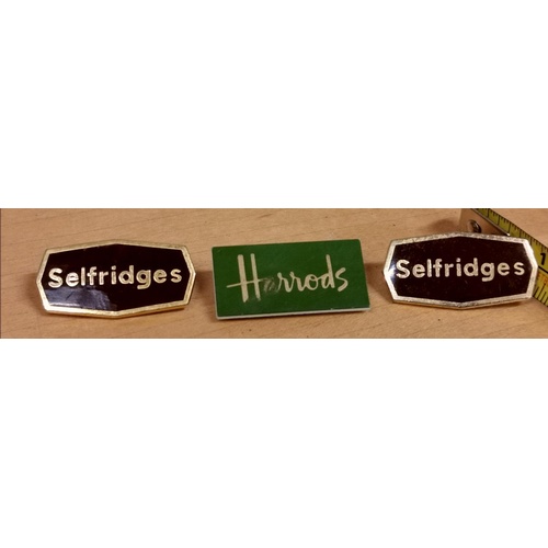 30 - 2 x Selfridges and 1 x Harrods shop assistants badges