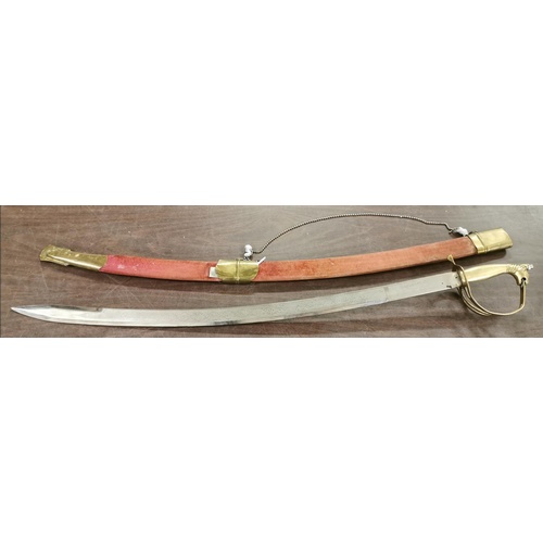 18 - Indian Steel curved blade sword with brass Camels Head handle in hard sheath