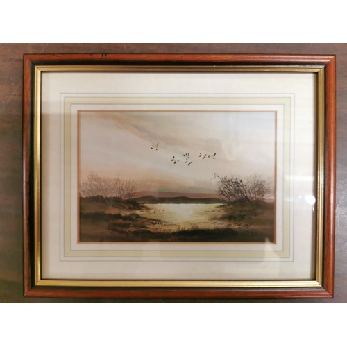 8 - Pair of 23 x 18 cm framed and mounted watercolour paintings, ducks flying over a lake and cottage by... 