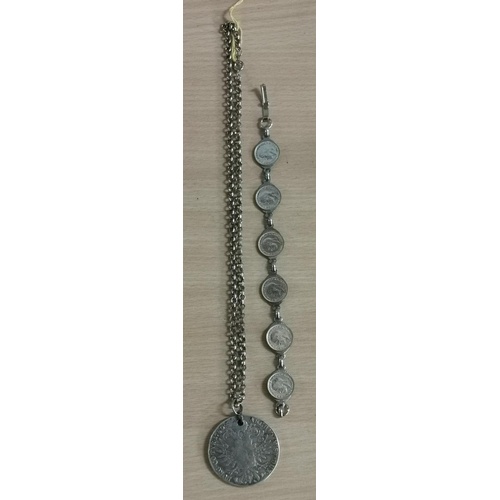 65 - Silver tone chain with silver coin pendant and similar coin bracelet