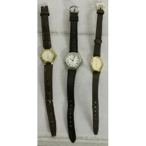 95 - 3 x ladies designer quartz watches with leather straps being Qmax, Sekonda & Pulsar - need batteries