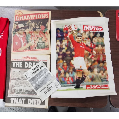 23 - 2 x newspaper special pull outs, Eric Cantona souvenir poster & 1998 Munich memorial game programme