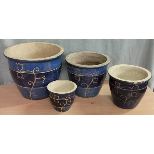 34 - Graduated set of 4 x stoneware plant pots, largest being 31 cm tall and 38 cm diameter - 3rd size do... 