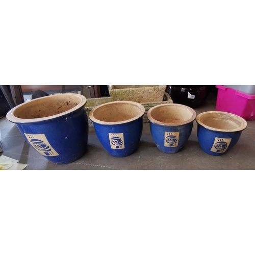 104 - Graduated set of 4 x stoneware plant pots, largest being 32 cm tall and 37 cm diameter - 3rd size do... 