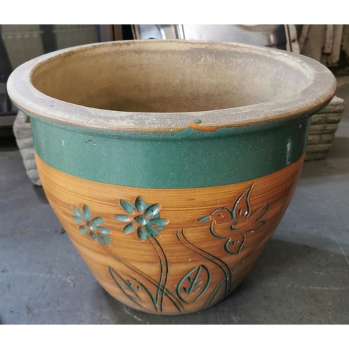 103 - 37 cm tall and 48 cm diameter large stoneware plant pot with floral pattern