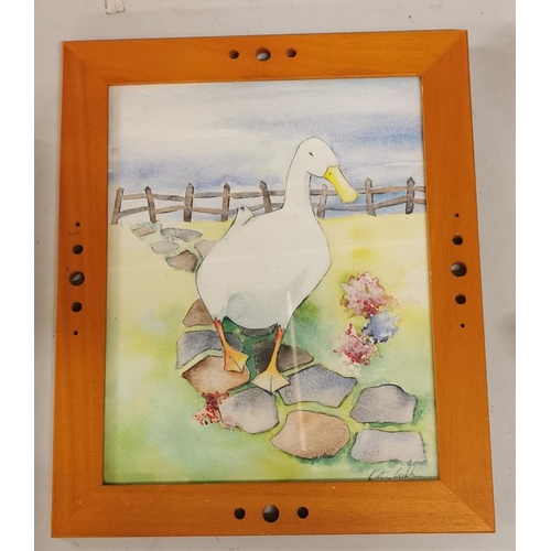 37 - Approx 25.5 x 30.5 cm light wood framed signed painting of a duck walking up a garden path