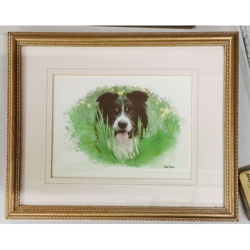 288 - 33 x 27 cm framed and mounted water colour painting showing a dogs head with grass and flowers in fo... 