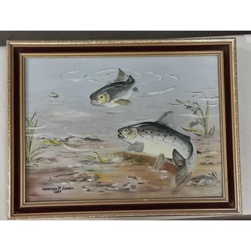 289 - 46 x 35 cm framed amateur art painting of game fish signed and dated Kenyon P. Jones 1987