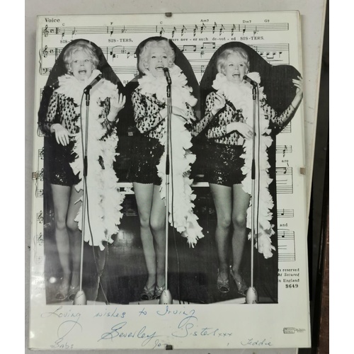 118 - Signed The Beverley Sisters music sheet with pictures added to Irving Roy and in 20 x 25 frameless f... 