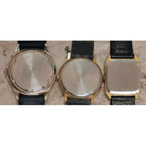 99 - 3 x designer gents quartz watches with leather straps being Pulsar, Avia & Sekonda - need batteries