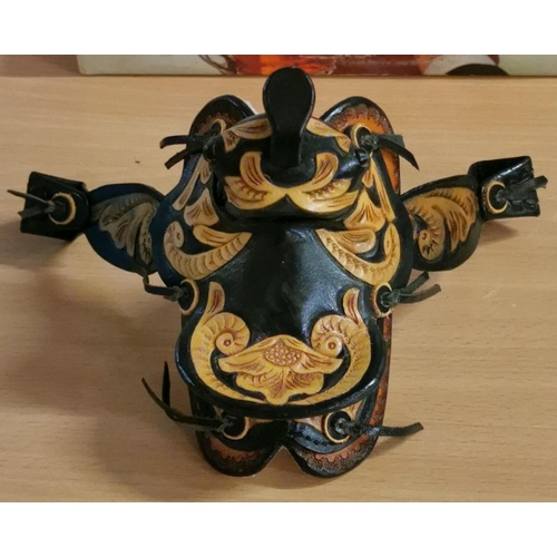 82 - Approx 14 cm long Spanish leather ornate patterned miniature saddle