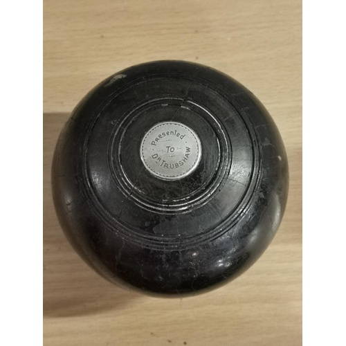 96 - Old bowling ball with engraved and inset silver plaques to Dr Trubshaw 1905 Mold club first presiden... 