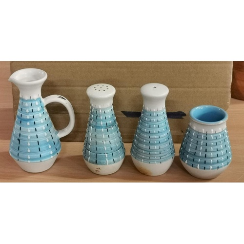 111 - Retro Bourne Denby tableware being salt and pepper, vinaigrette jug and tooth pick pot