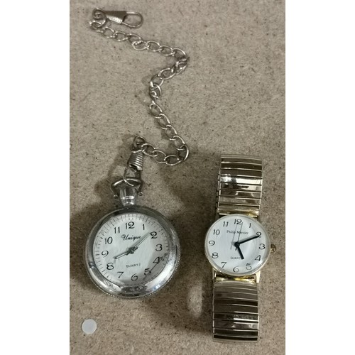 58 - Unique quartz pocket watch - needs battery & Philip Mercier ladies quartz watch with elasticated str... 