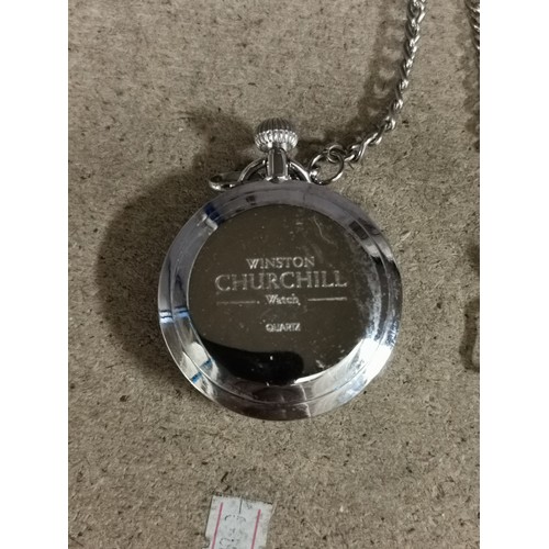 60 - Winston Churchill quartz pocket watch with chain - needs battery