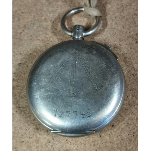 76 - Unstamped white metal pocket stop watch with slide stop start, believed to be WWII naval - needs att... 