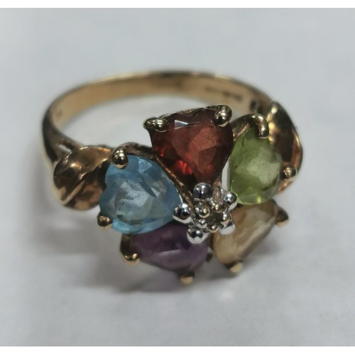 247 - 9 ct gold hallmarked 5 colour semi precious stone dress ring size M - 3.3 gms