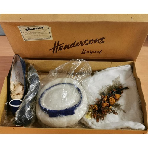 63 - 1960's Ladies wedding shoes, fur hat & fur hand muff with dried spray attached in Hendersons Liverpo... 