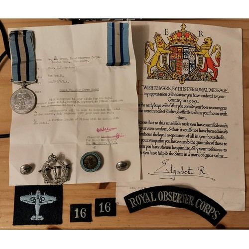 72 - Royal Observer Corps bundle of medal (engraved on the edge OBSERVER J.C.MYTTON), badges, buttons & p... 