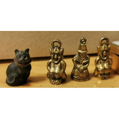 74 - 2 x brass Cornish pixie charms, brass Welsh woman in traditional dress charm and other black cat cha... 