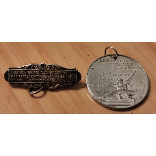 89 - Shropshire Education Committee 1910/11 perfect attendance medal & 1912/13 pin badge