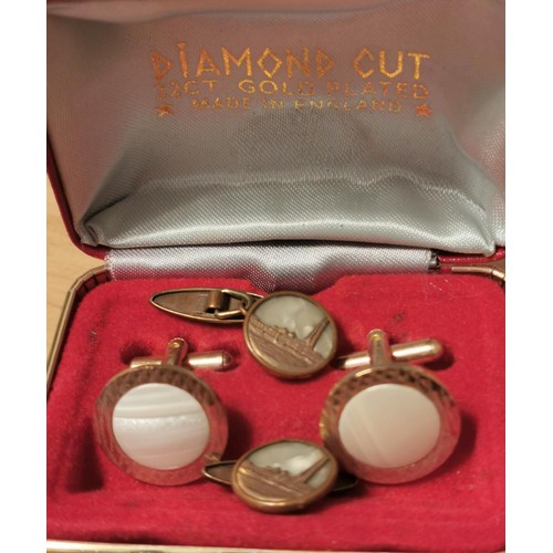 96 - Pair of 22 kt plated diamond cut cufflinks & other gold tone Blackpool landscape cufflinks