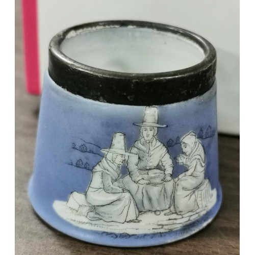 158 - 4.5 cm tall jasper style porcelain picture scene cup with hallmarked silver rim