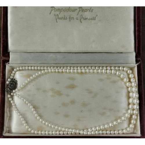 161 - Vintage Pompadour Pearls 2 string graduated pearl necklace in case with silver and marcasite clasp