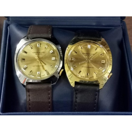 167 - 2 x retro Chancellor De Luxe gold face wind up watches in as new condition - gold mount working orde... 