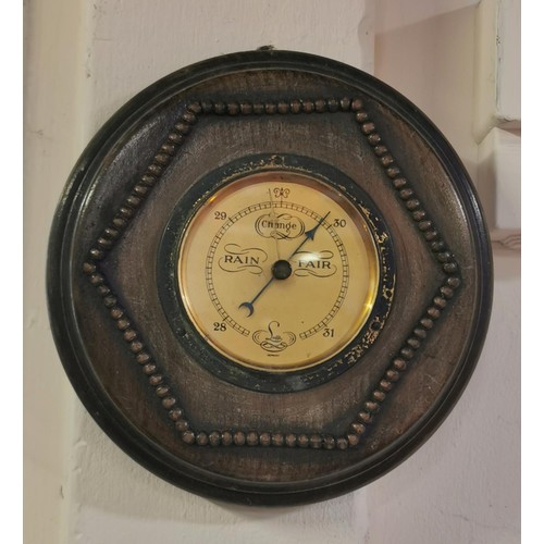 1 - Approx 19 cm diameter old oak barometer with beaded detail