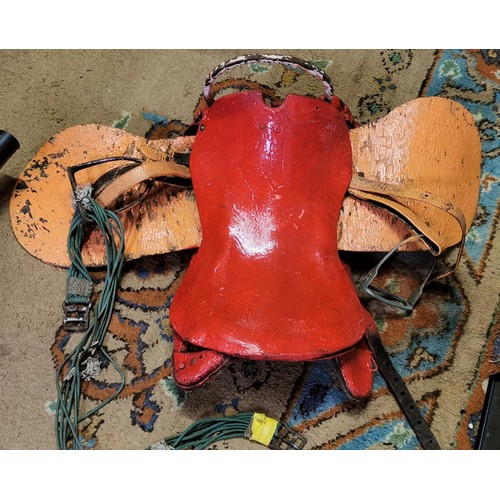 3 - Heavy old painted leather saddle from Rhyl beach donkeys